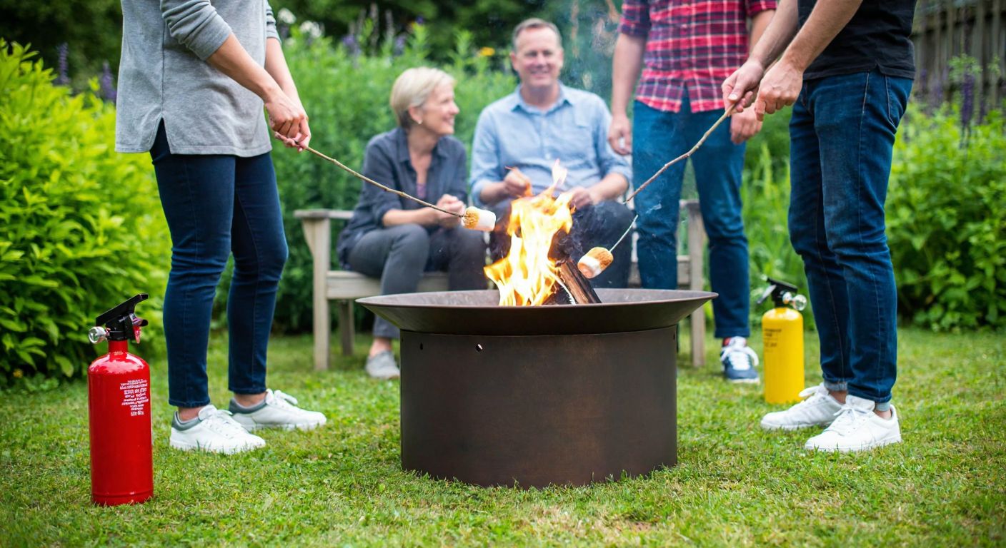 A group of people gathered around a collapsible metal fire pit in a lush garden, roasting marshmallows over glowing embers, with a fire extinguisher placed safely nearby.