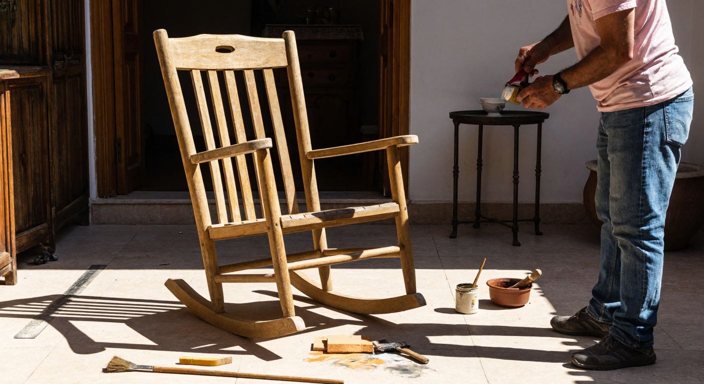 A weathered wooden rocking chair sits in a sunlit Turkish courtyard, surrounded by scattered tools like a brush, sandpaper, and a small pot of varnish, while a pair of hands carefully inspect its worn armrest.