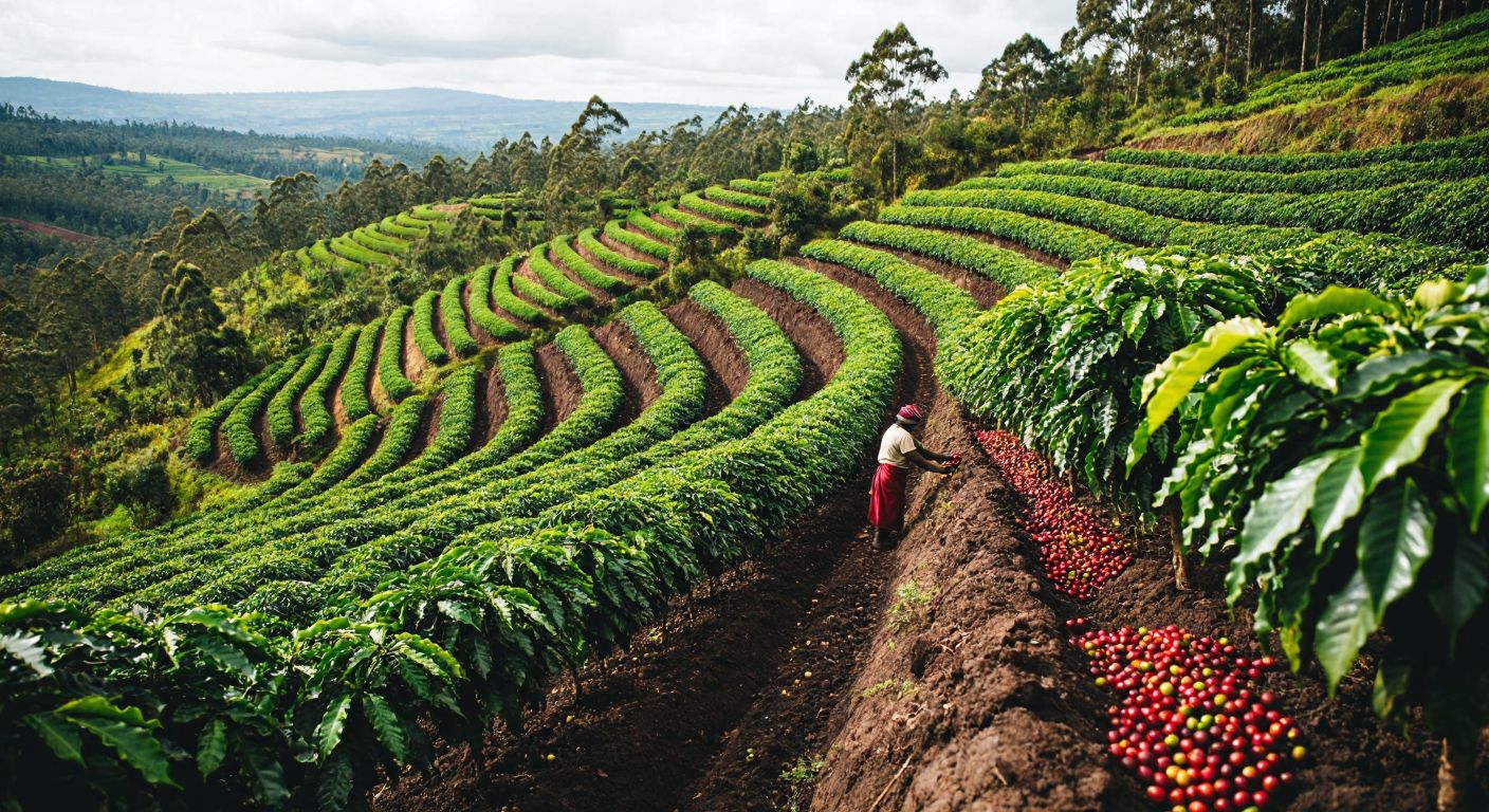 A lush Kenyan highland coffee farm with terraced rows of vibrant green coffee plants under a bright sky, volcanic soil beneath, and farmers carefully harvesting ripe red coffee cherries.