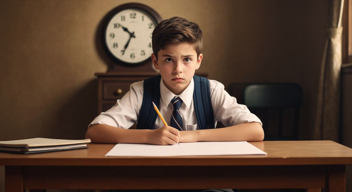 A tense young student in a school uniform sits at a wooden desk, gripping a pencil while anxiously staring at a blank sheet of paper, with a clock ticking faintly in the background.