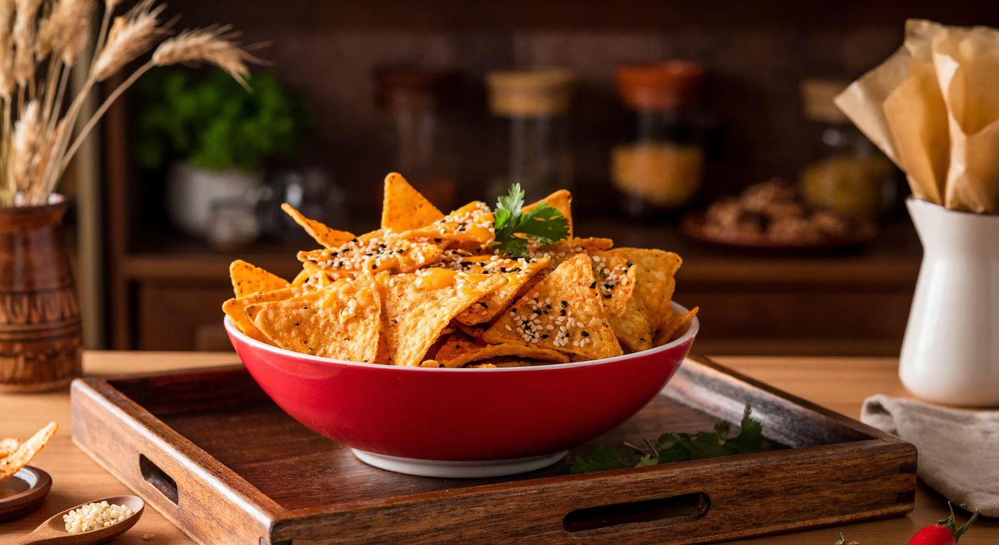 A vibrant bowl of Doritos Turca chips with sesame and cheese flavors, placed on a traditional Turkish wooden tray against a backdrop of a cozy Anatolian kitchen.