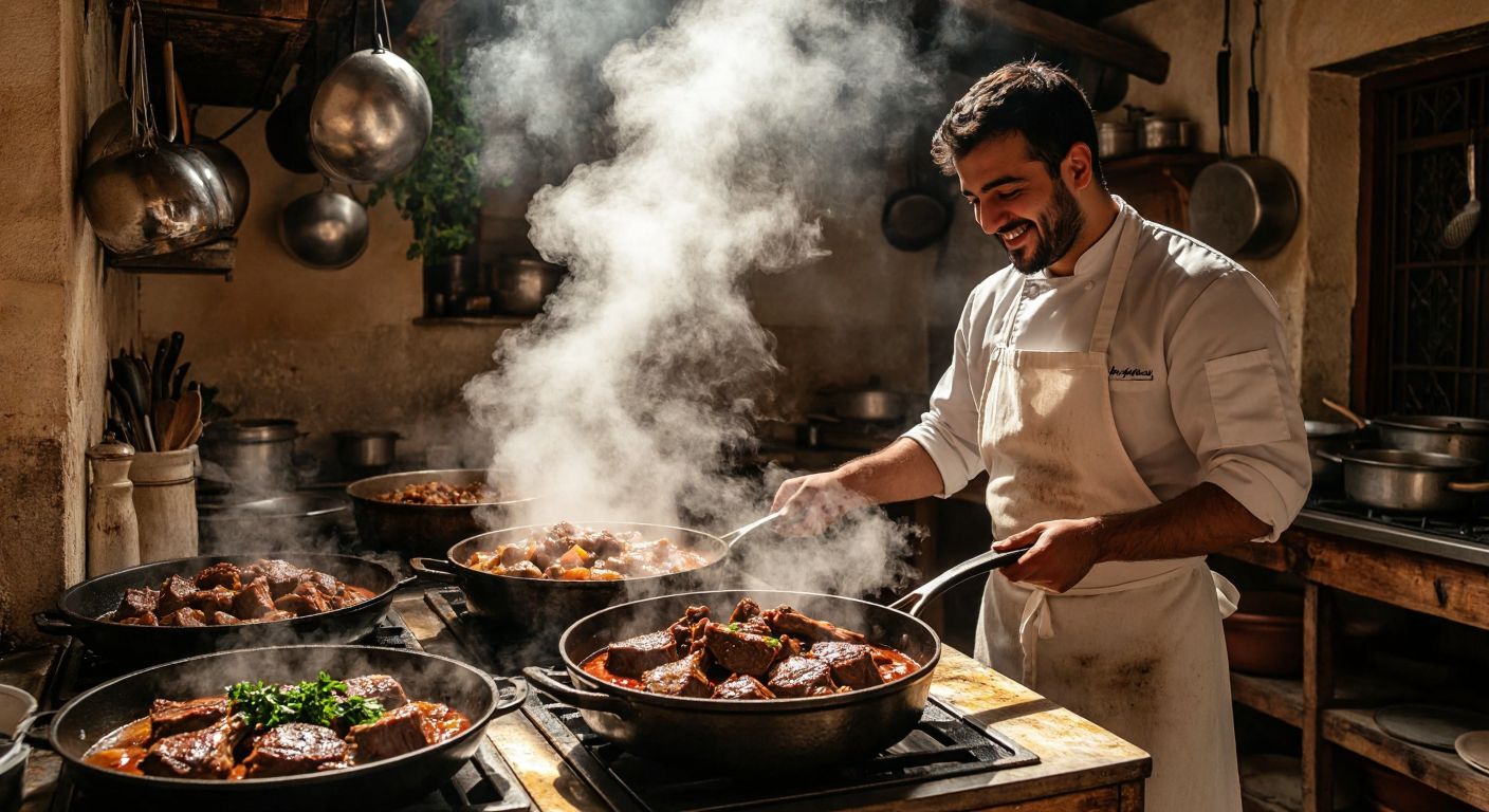 A rustic Turkish kitchen with a sizzling pan of tender lamb chops next to a slower-cooking pot of mutton stew, steam rising as a chef in a white apron smiles approvingly at the lamb.