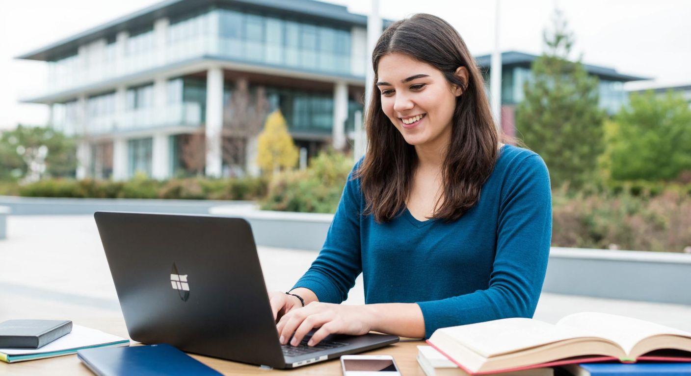 A smiling university student in a modern campus setting in Turkey checks their email on a laptop while surrounded by books and academic materials.