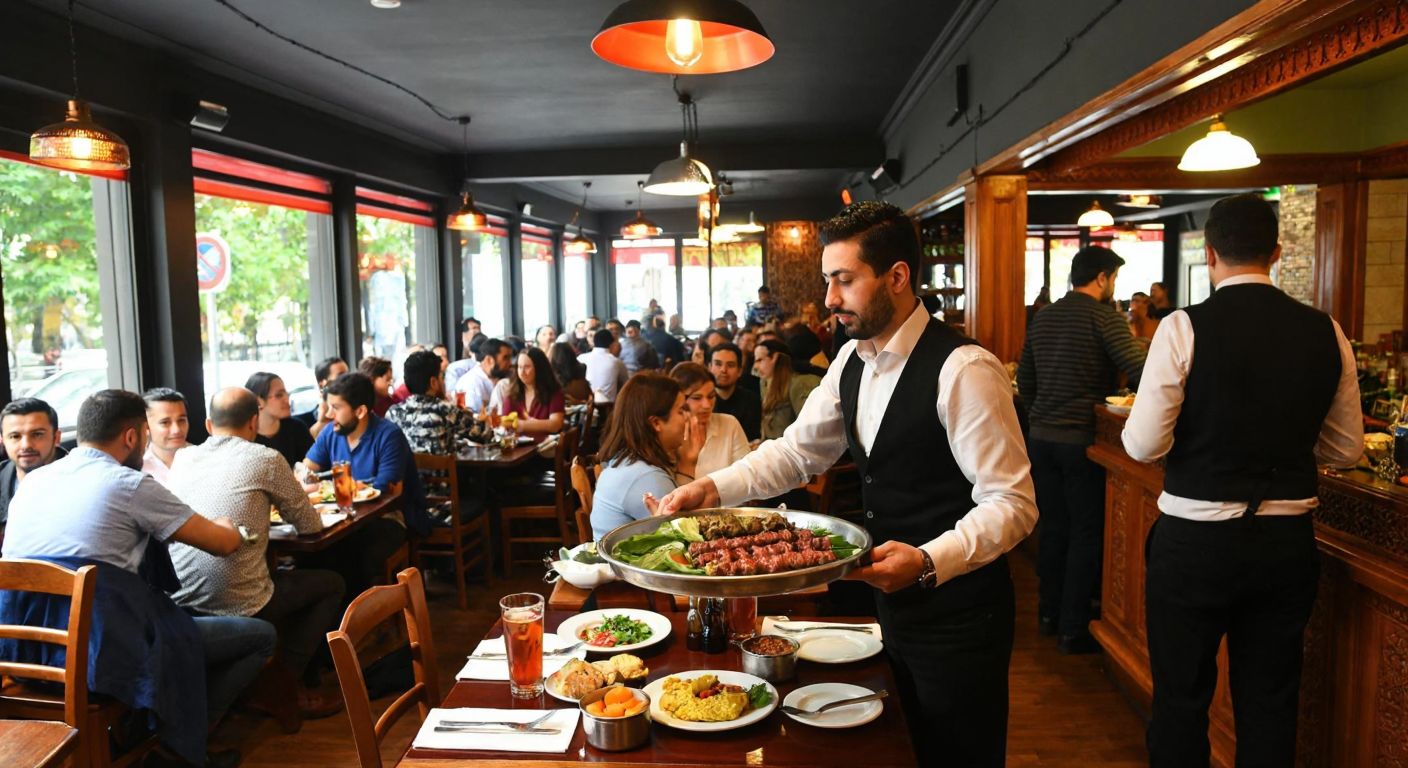 A bustling traditional Turkish restaurant in Şişli with waiters serving trays of steaming kebabs and colorful non-alcoholic beverages, while diners enjoy their meals in a warm, lively atmosphere.