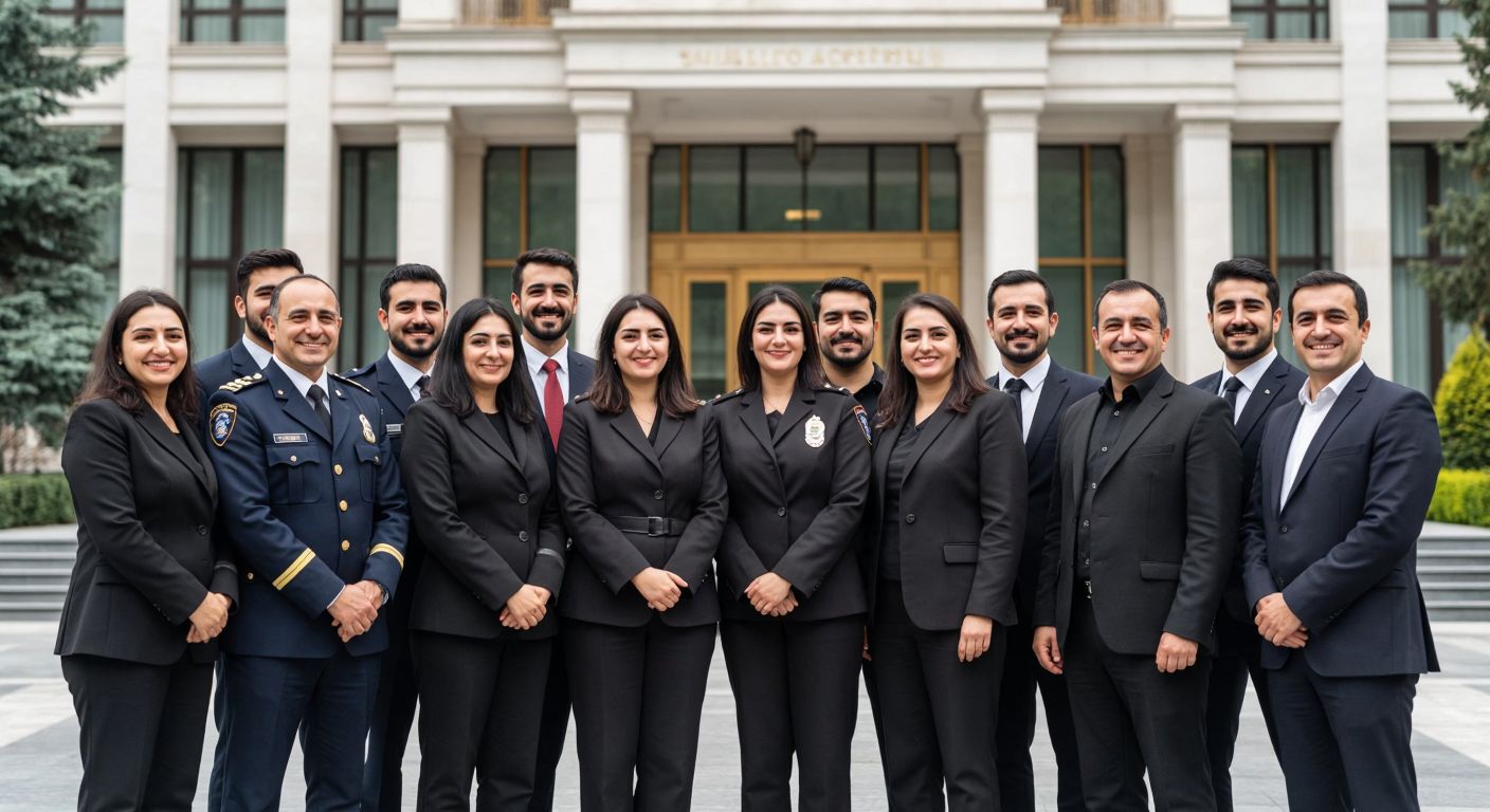 A group of diverse Turkish civil servants in formal attire—police officers, teachers, nurses, and religious officials—smiling confidently while standing in front of a government building, holding paychecks with visible relief and satisfaction.