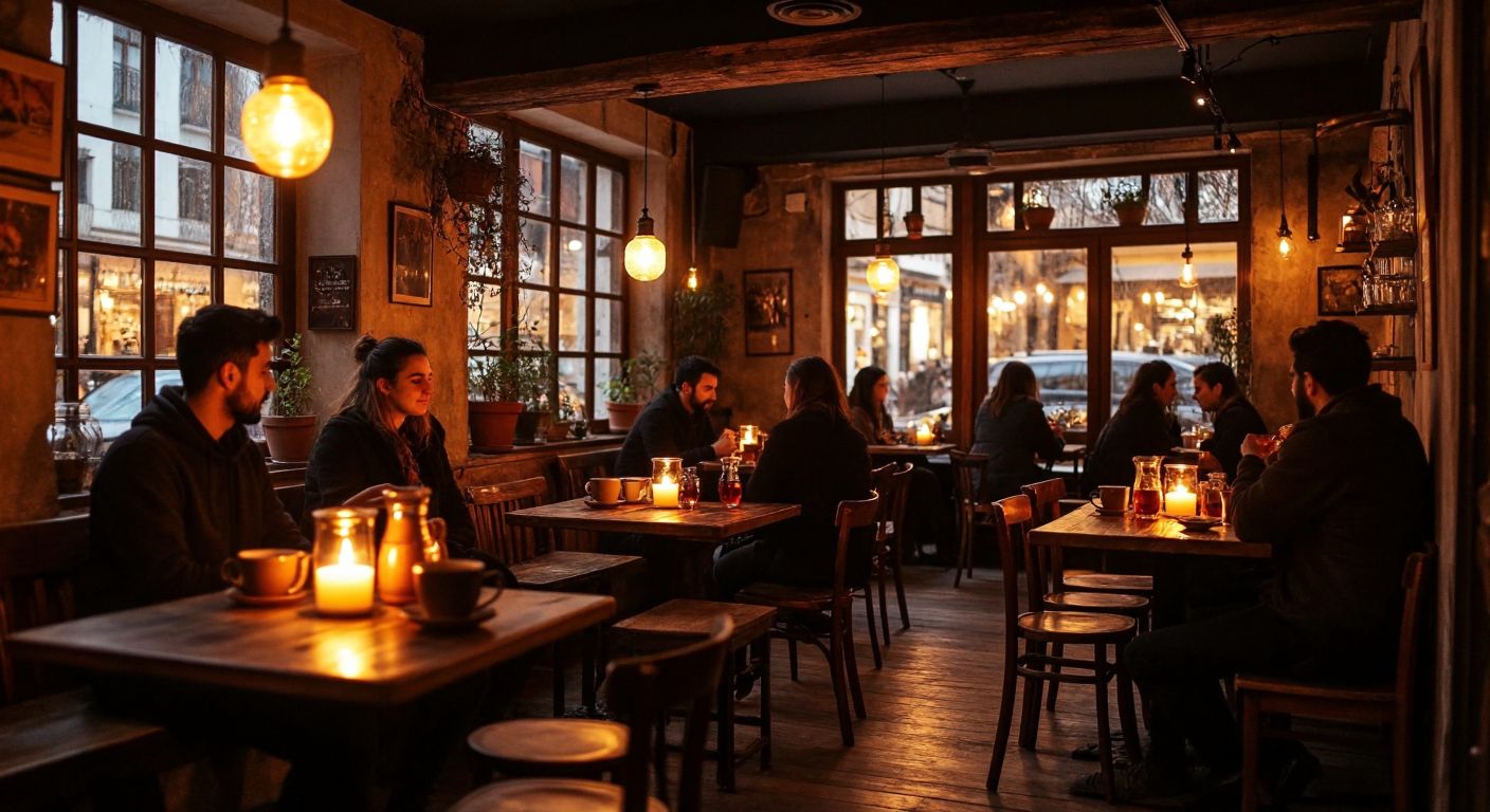 A cozy, dimly lit café with rustic wooden tables, soft candlelight, and a group of people enjoying non-alcoholic drinks like Turkish tea and coffee in a warm, bohemian atmosphere.