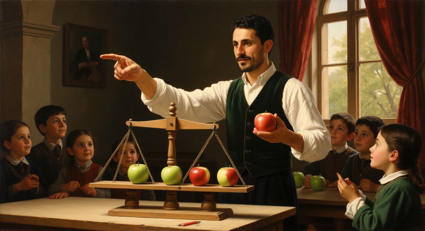 A Turkish teacher in a sunlit classroom points at a wooden balance scale with one side tipped lower, holding three red apples on the higher side and five green apples on the lower side, while curious students watch.