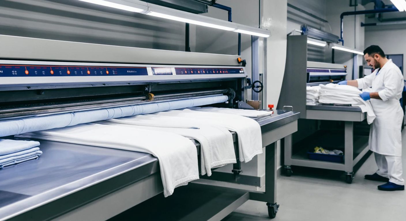 A sleek, industrial ironing machine in a bustling Turkish laundry facility, with neatly pressed linens stacked nearby and a worker in a crisp uniform operating it efficiently.