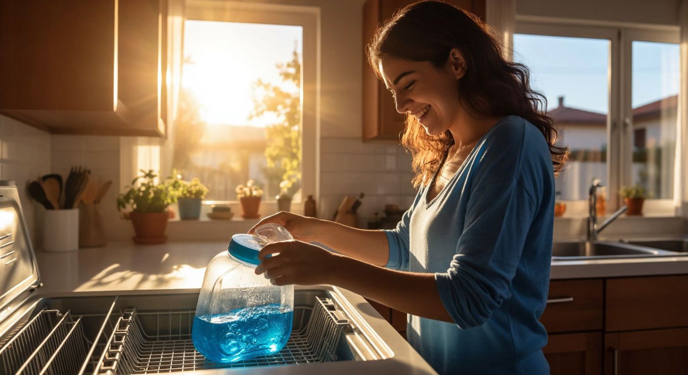 A smiling Turkish woman in a bright kitchen places a small blue Bingo detergent capsule into a dishwasher while sunlight streams through the window.