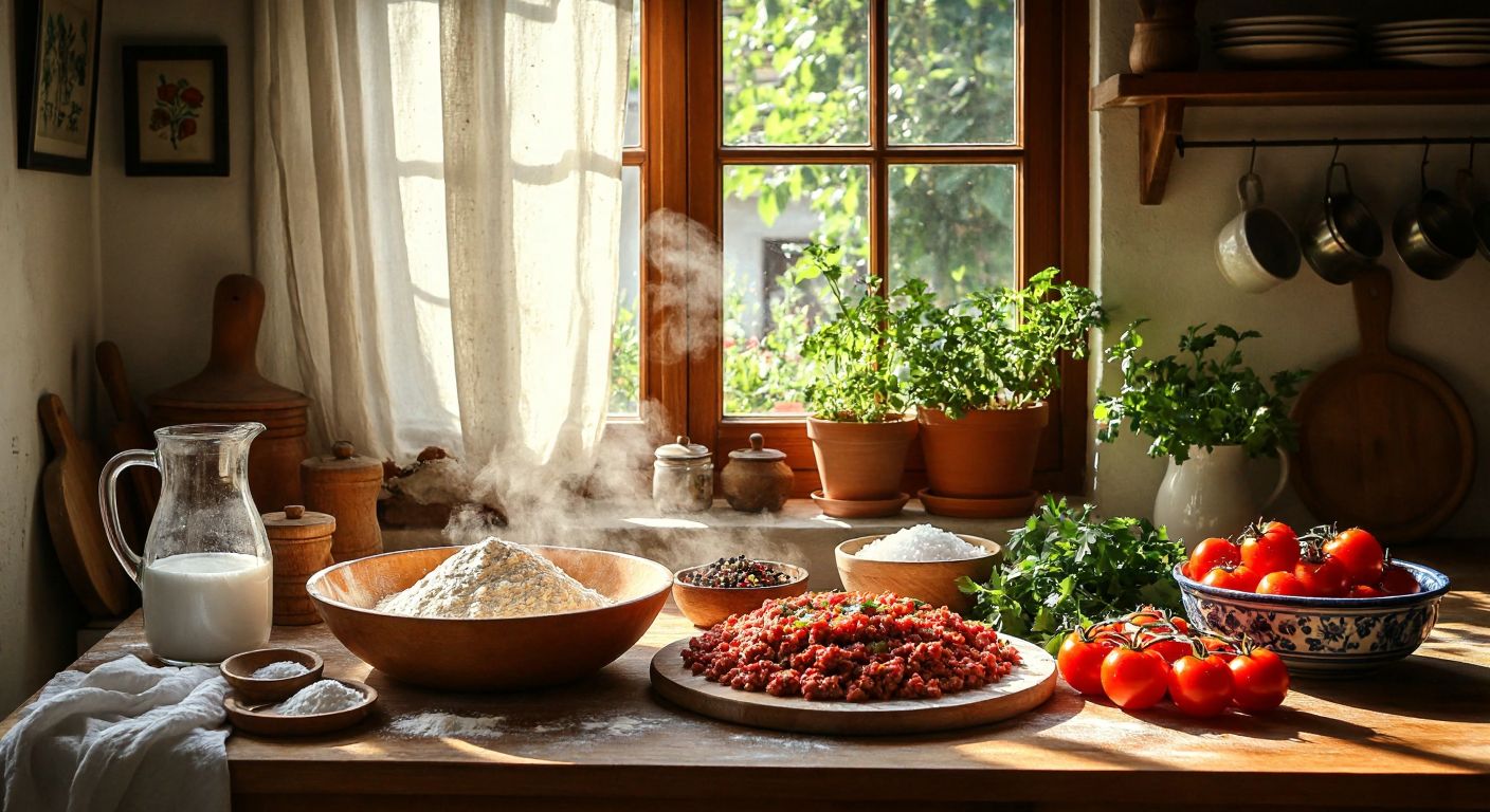A warm, sunlit Turkish kitchen with a wooden table displaying a bowl of flour, a pitcher of water, and salt for the dough, alongside a colorful mix of minced meat, chopped onions, peppers, tomatoes, and aromatic spices for the filling.