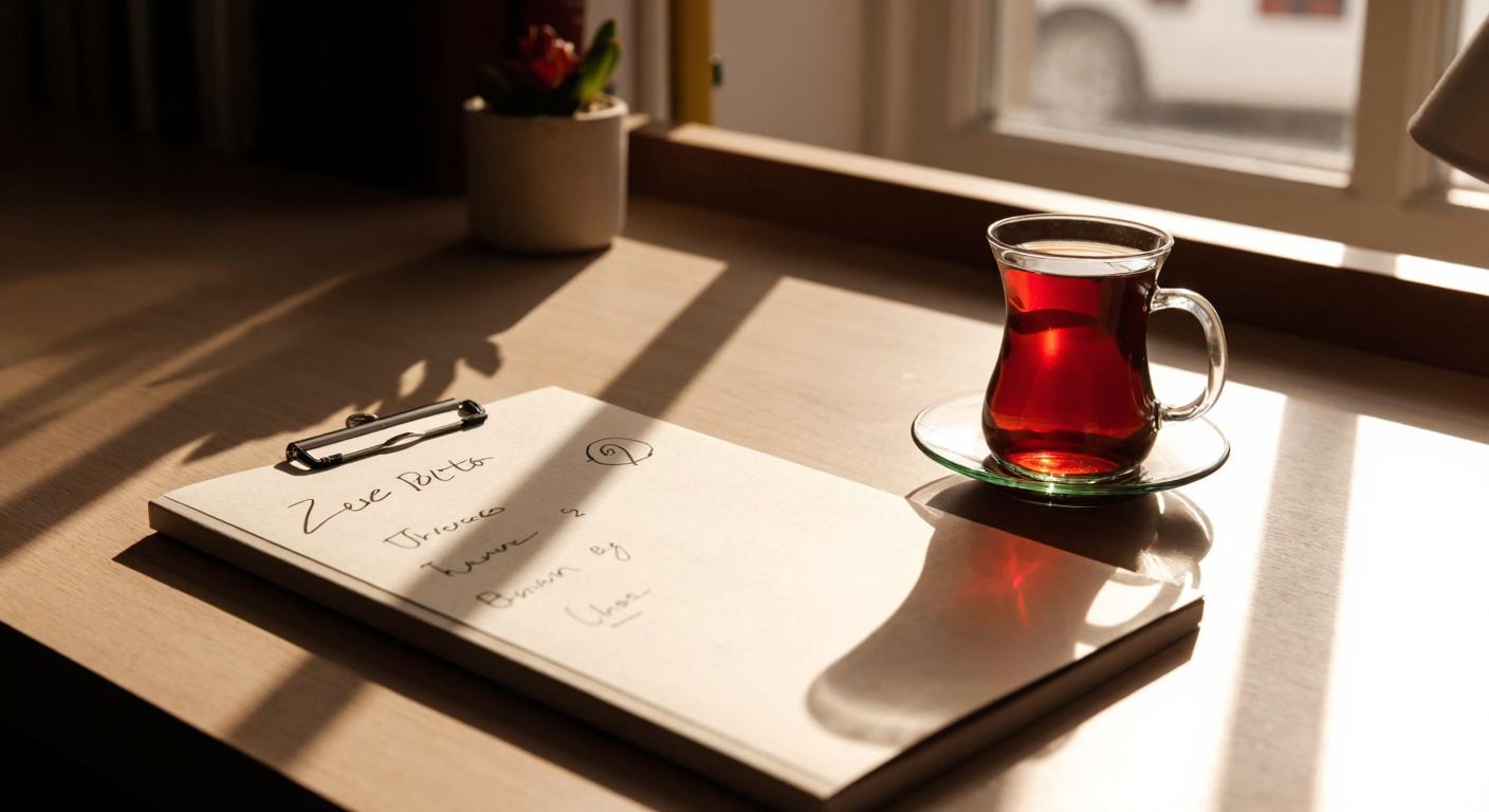 A neatly organized wooden desk with a handwritten to-do list featuring three to seven bullet points, a steaming cup of Turkish tea beside it, and a warm sunlight streaming through the window.