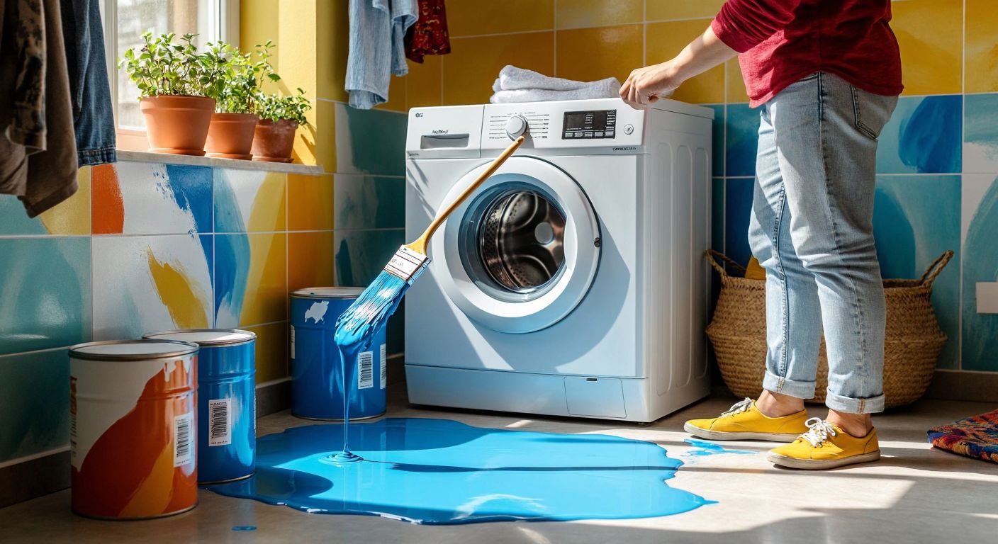 A white washing machine sits in a sunlit Turkish laundry room, surrounded by colorful paint cans labeled with abstract patterns, while a person in casual clothes carefully examines a paintbrush dipped in vibrant blue epoxy paint.