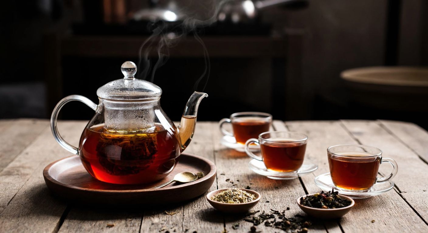 A rustic wooden table in a cozy Turkish kitchen holds a glass teapot filled with dark amber tea, surrounded by scattered tea leaves and small cups, with steam rising gently into the warm light.