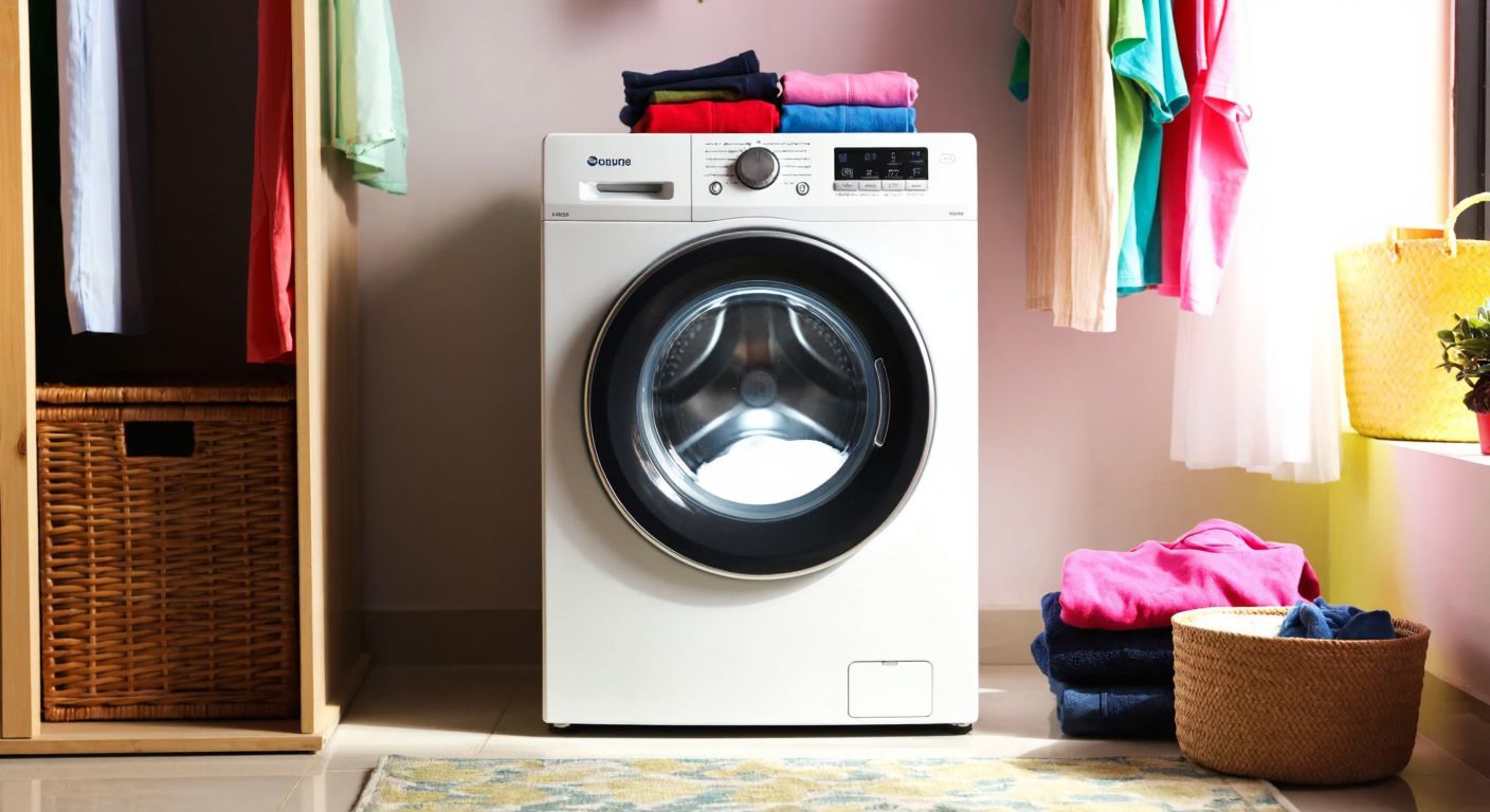 A modern white washing machine with a glowing control panel sits in a sunlit Turkish laundry room, surrounded by neatly folded colorful clothes and a small laundry basket.
