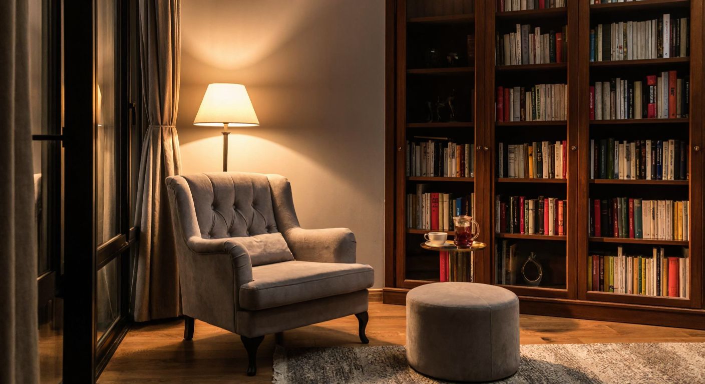 A cozy reading nook in a Turkish home with a plush armchair, a soft ottoman, a wooden bookshelf filled with books, a warm floor lamp casting soft light, and a small side table holding a steaming cup of çay.