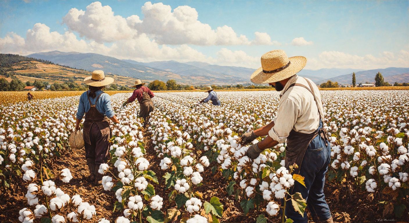 A sunlit cotton field in Manisa, with farmers in wide-brimmed hats and traditional work clothes harvesting fluffy white cotton bolls under a bright autumn sky.