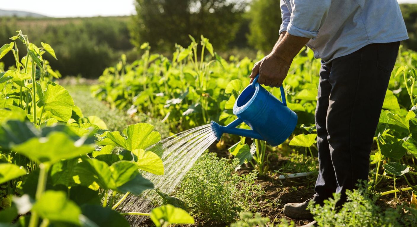 A Turkish farmer in a sunlit vegetable garden gently waters young cucumber plants with a watering can, surrounded by lush green leaves and small yellow flowers.