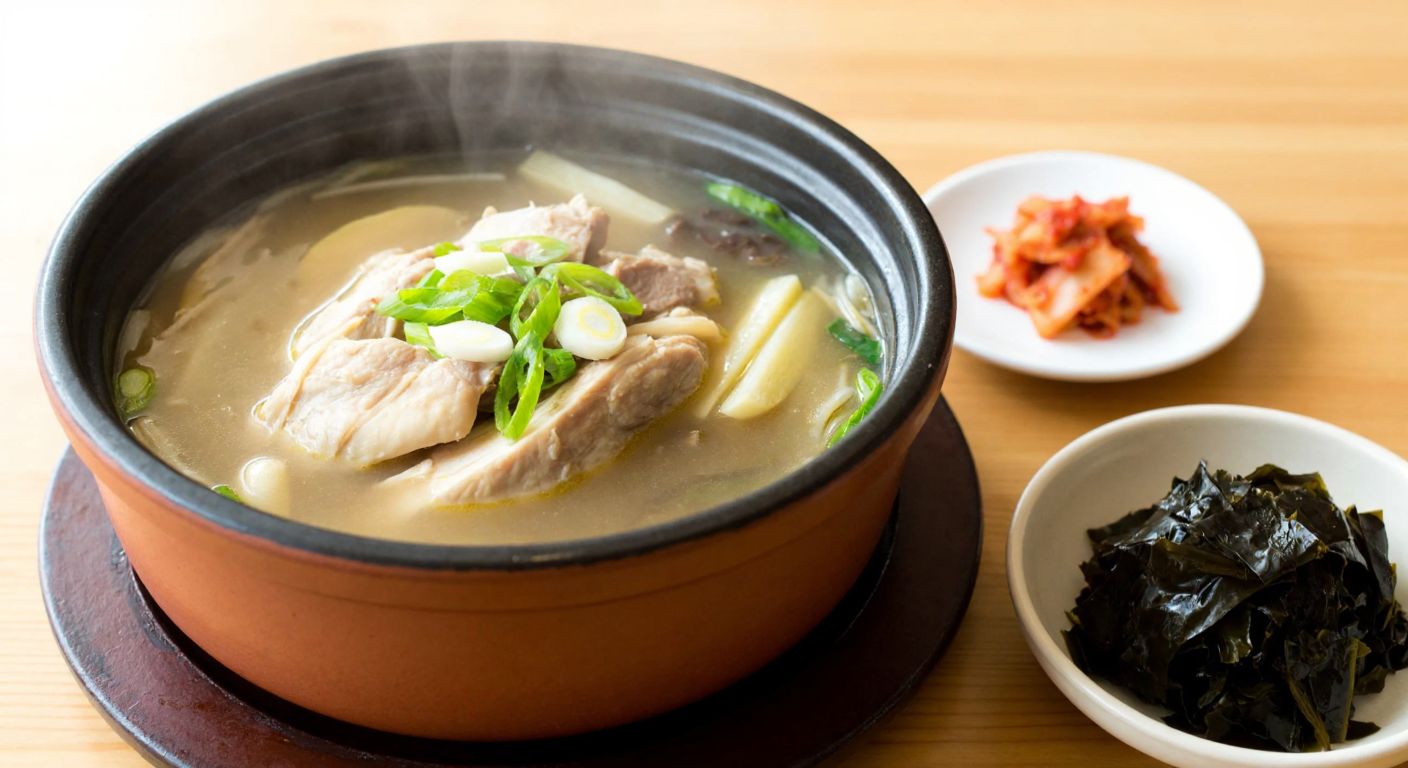 A steaming clay pot of Korean chicken soup (Dak Gom Tang) with tender meat, ginger slices, and green onions, resting on a wooden table beside a bowl of dried seaweed (Miyeokguk) and a small dish of kimchi.