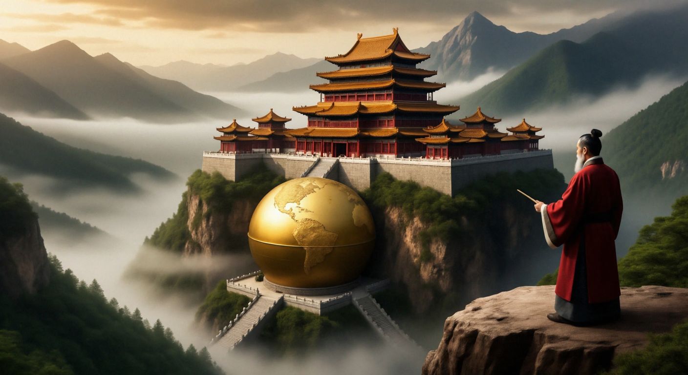A grand ancient Chinese palace sits atop a golden globe, surrounded by misty mountains, with a traditional scholar pointing at a map of Asia where Turkey and China are highlighted.