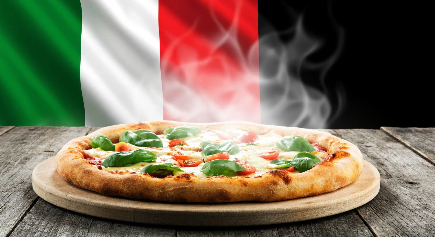 A steaming, golden-brown pizza with melted cheese and fresh toppings sits on a rustic wooden table, with the Italian flag draped in the background.