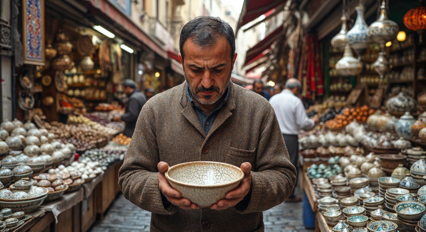 A Turkish trader in a bustling Istanbul bazaar intensely studies a cracked ceramic bowl in his hands, symbolizing the fragility of the "çanak" formation, while a chaotic market scene with fluctuating goods reflects unstable trading conditions.