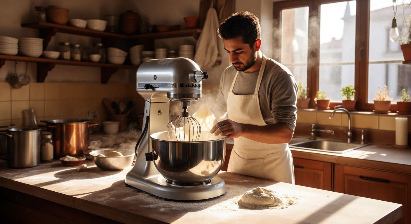 A stainless steel dough mixer hums on a flour-dusted countertop in a sunlit Turkish kitchen, its spiral hook kneading smooth, elastic dough while a pair of hands carefully adjusts the speed dial.