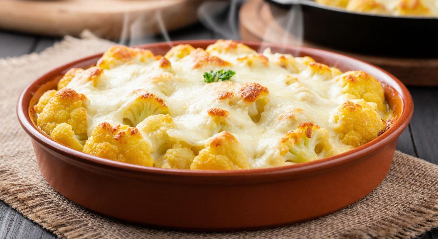 A golden-brown cauliflower gratin with minced meat, topped with melted cheese and creamy béchamel sauce, steaming on a rustic Turkish ceramic dish placed on a wooden kitchen table.