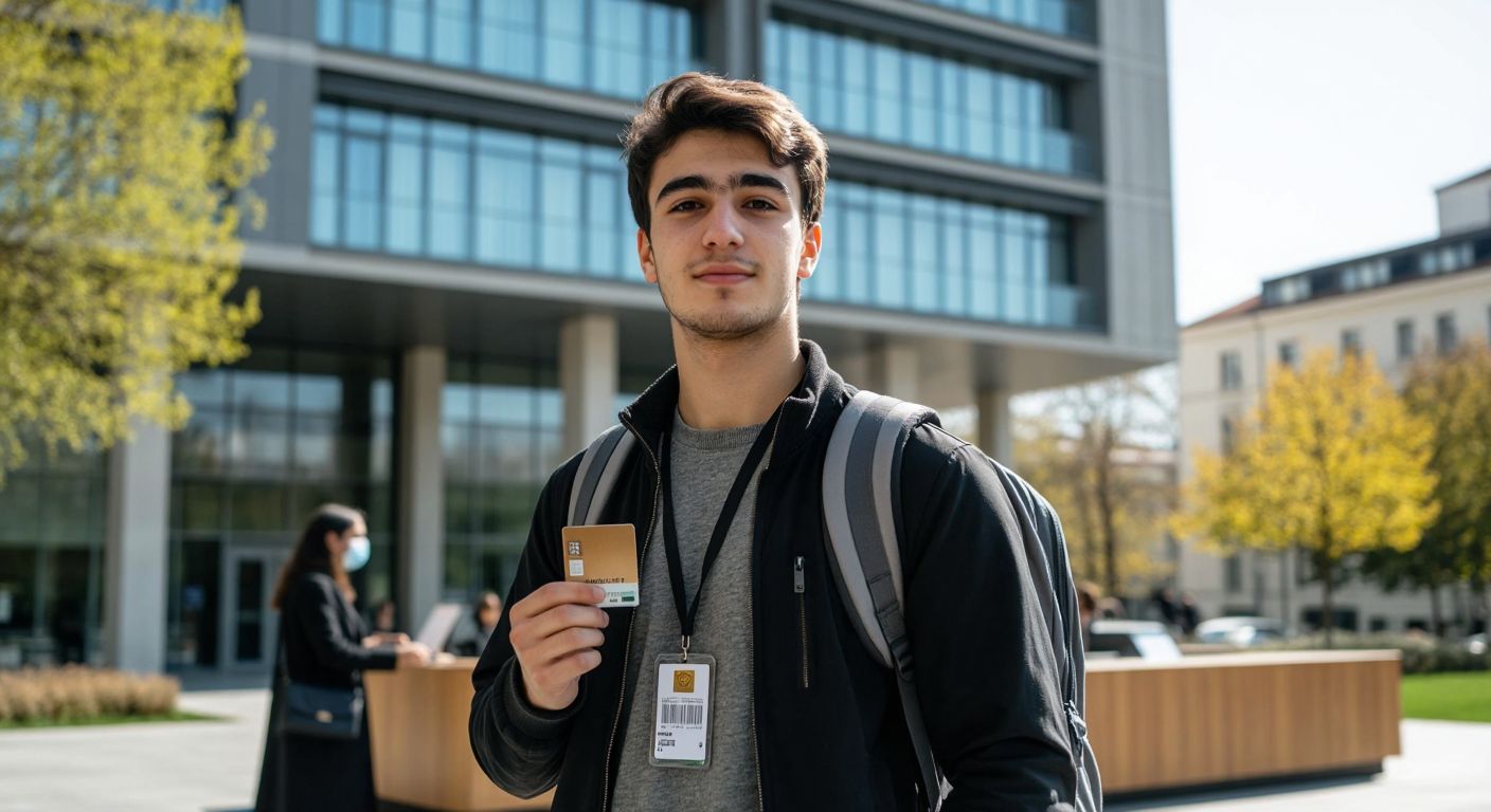 A young university student in Istanbul, wearing a backpack and holding a student ID card, stands confidently in front of a modern university building with a helpful staff member at the information desk.