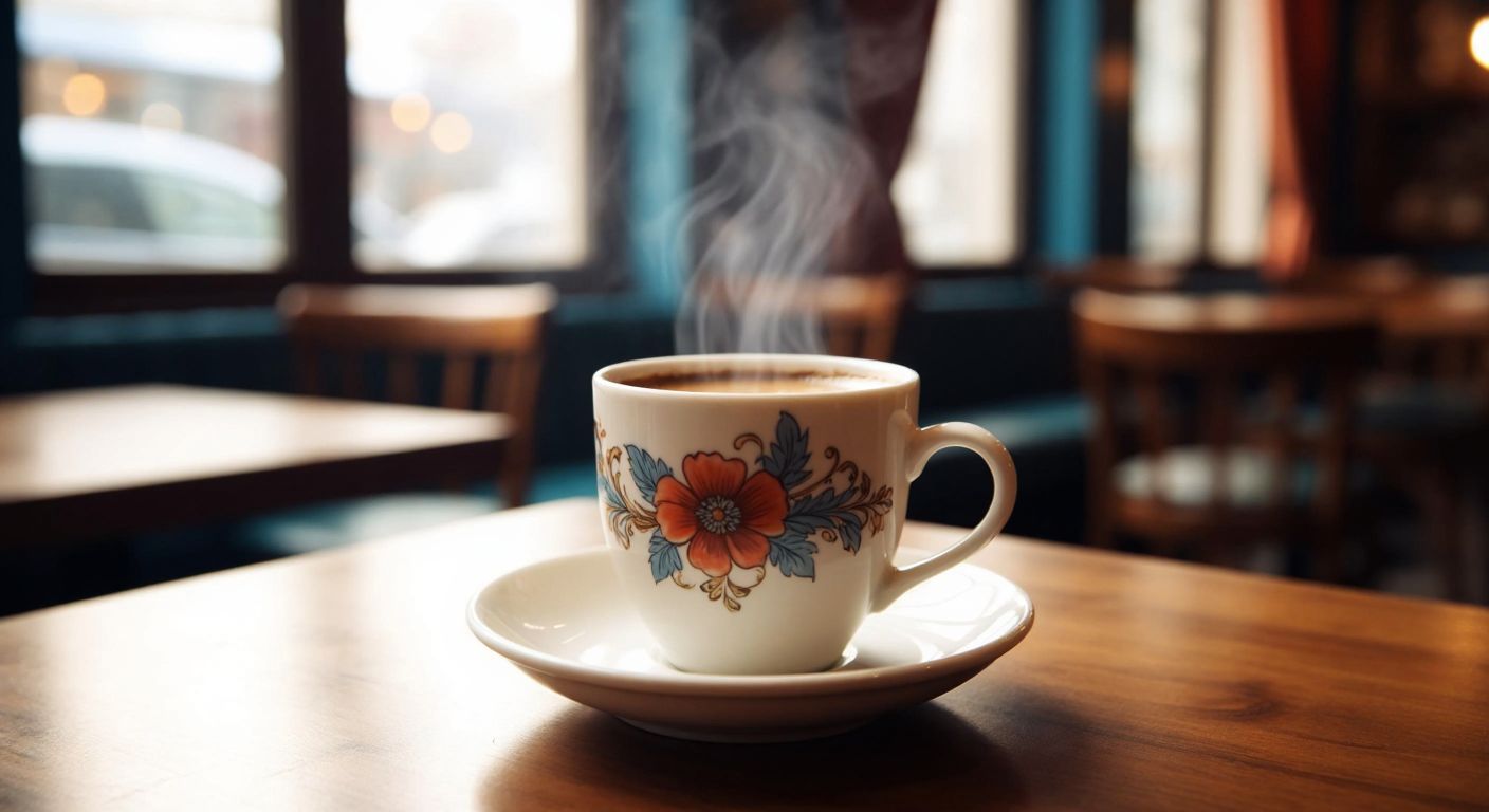 A sleek, white porcelain coffee cup with an elegant floral design sits on a wooden table in a cozy Turkish café, steam rising from the freshly brewed coffee inside.
