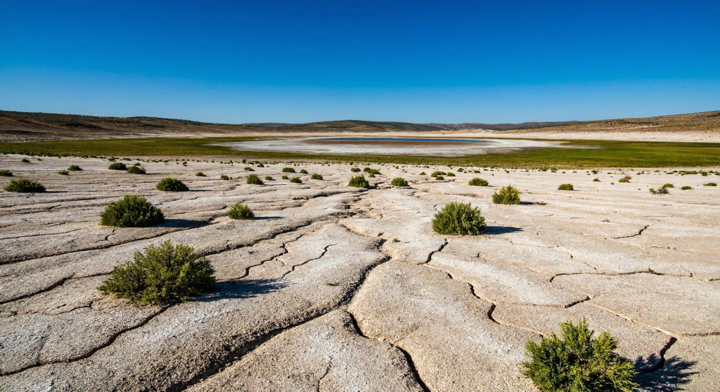 A vast, arid landscape of Karapınar Desert with cracked earth, sparse vegetation, and remnants of a dried-up salt lake under a harsh sun.