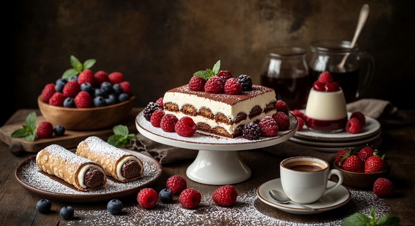 A rustic Italian kitchen table laden with tiramisu, cannoli, and panna cotta, dusted with cocoa and powdered sugar, surrounded by fresh berries and a small espresso cup.  

(Note: Since the query is about Italian desserts, the description reflects Italian culinary aesthetics, not Turkish context.)