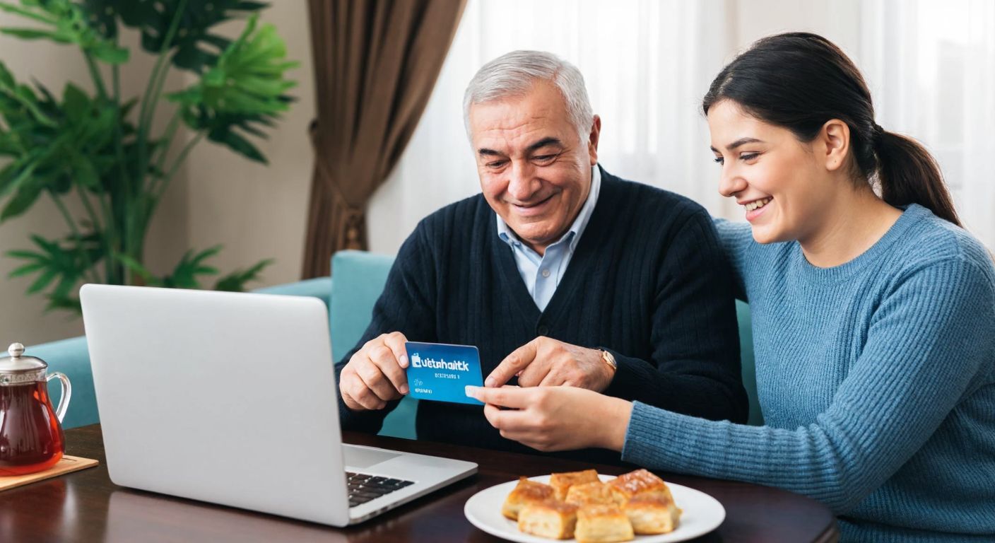 A smiling elderly Turkish man in a cozy home setting, holding a blue İstanbulkart while a younger relative helps him navigate a laptop screen, with a warm teapot and baklava on the table nearby.