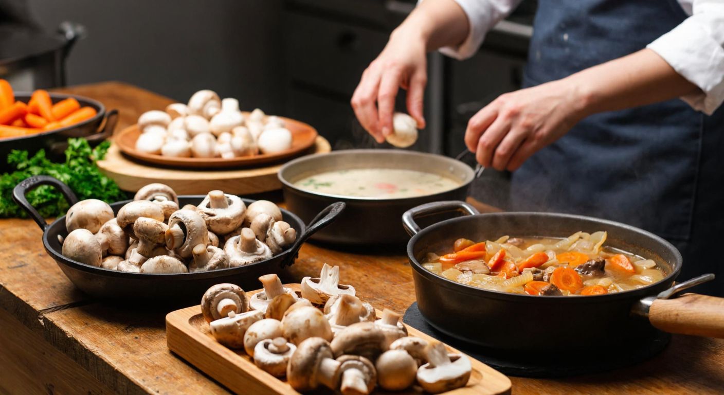 A rustic wooden table in a Turkish kitchen holds fresh gürgen mushrooms, a pot of bubbling lamb stew with carrots and onions, a sizzling pan of sautéed mushrooms, and a steaming bowl of mushroom soup, with hands in the background cleaning and slicing the mushrooms.