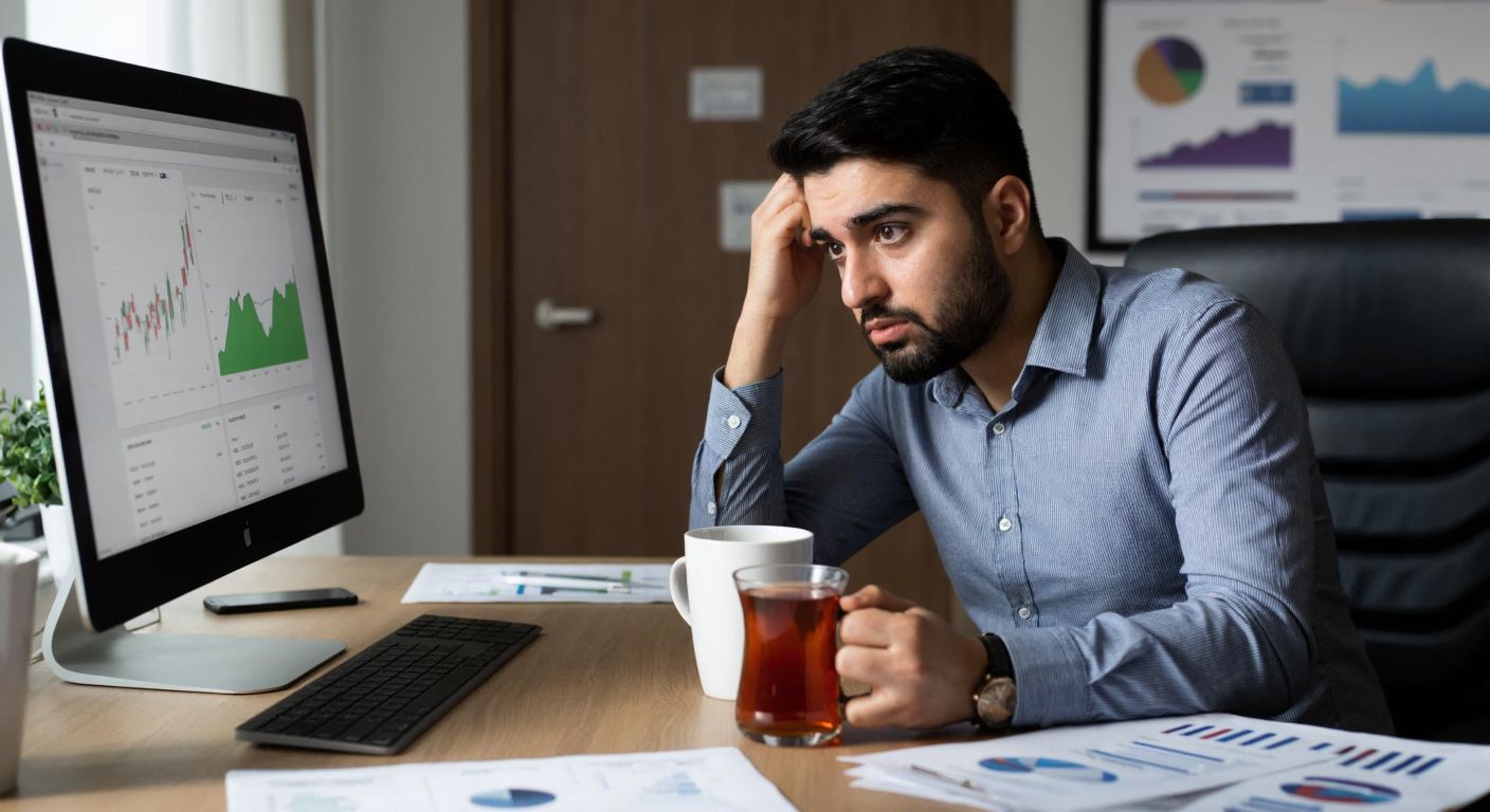 A frustrated investor in a modern Turkish office stares at a blank computer screen while holding a steaming cup of çay, surrounded by financial charts and documents.
