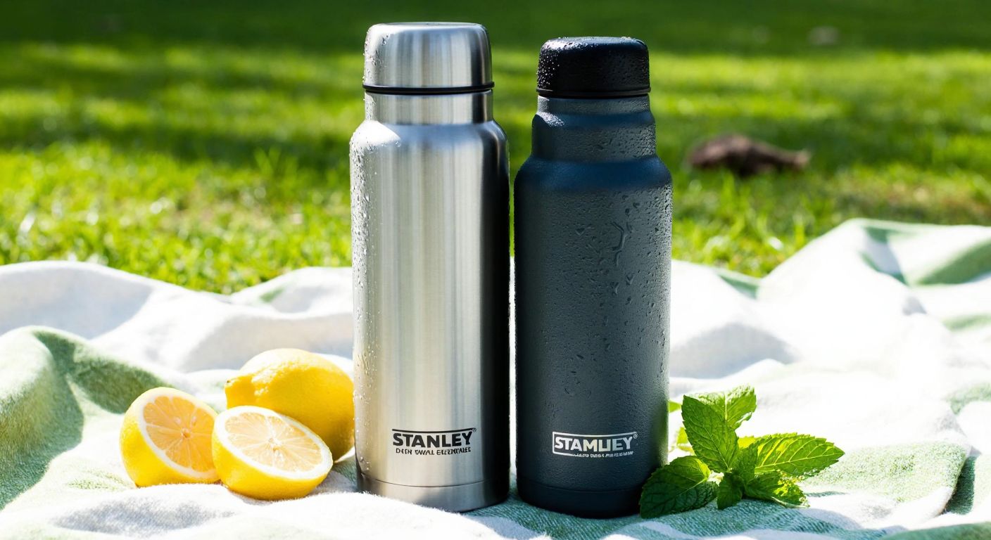 A rugged stainless steel Stanley and Thermos vacuum-insulated thermos standing side by side on a sunlit picnic blanket in a grassy park, with condensation droplets glistening on their surfaces, surrounded by fresh lemon slices and mint leaves.