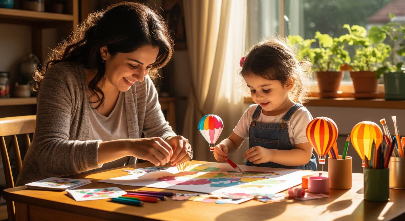 A smiling Turkish mother and child sitting at a sunlit wooden table, carefully cutting colorful paper into hot air balloon shapes with scissors, surrounded by scattered craft supplies like glue, markers, and printed templates.