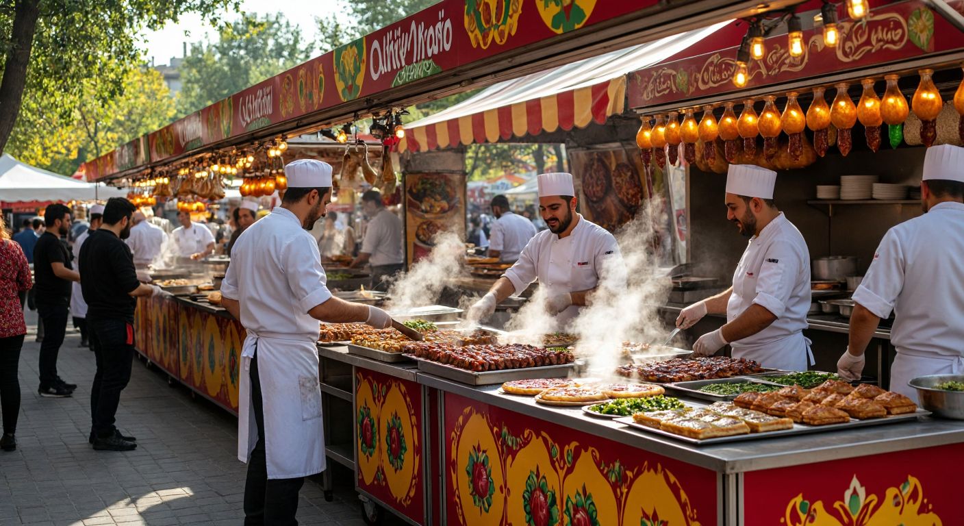 A bustling Turkish fairground with colorful food stalls serving steaming kebabs, fresh gözleme, and baklava, surrounded by cheerful attendees and busy chefs in white uniforms preparing dishes on-site.