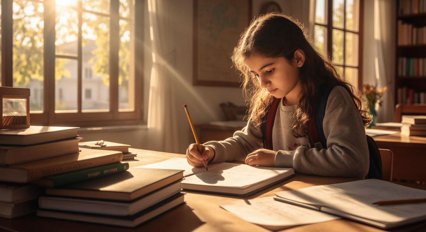 A Turkish student in a sunlit classroom, intently solving a division problem on paper with a pencil, surrounded by neatly stacked notebooks and a wooden abacus.