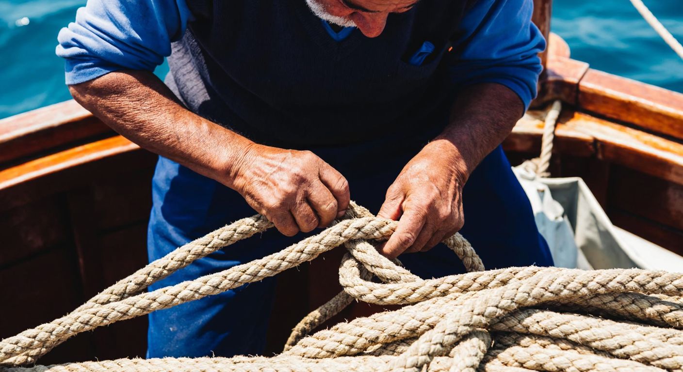 A weathered Turkish fisherman with sun-wrinkled hands expertly tying a sturdy bowline knot on a thick, coiled rope aboard a wooden fishing boat in the Aegean Sea.