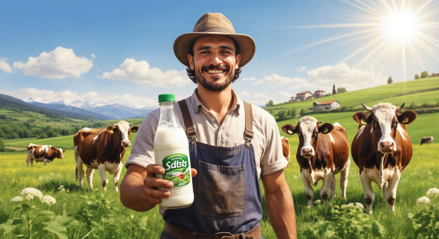 A smiling Turkish farmer in a green field holding a fresh bottle of Sütaş milk, with happy cows grazing in the background under a bright sun.