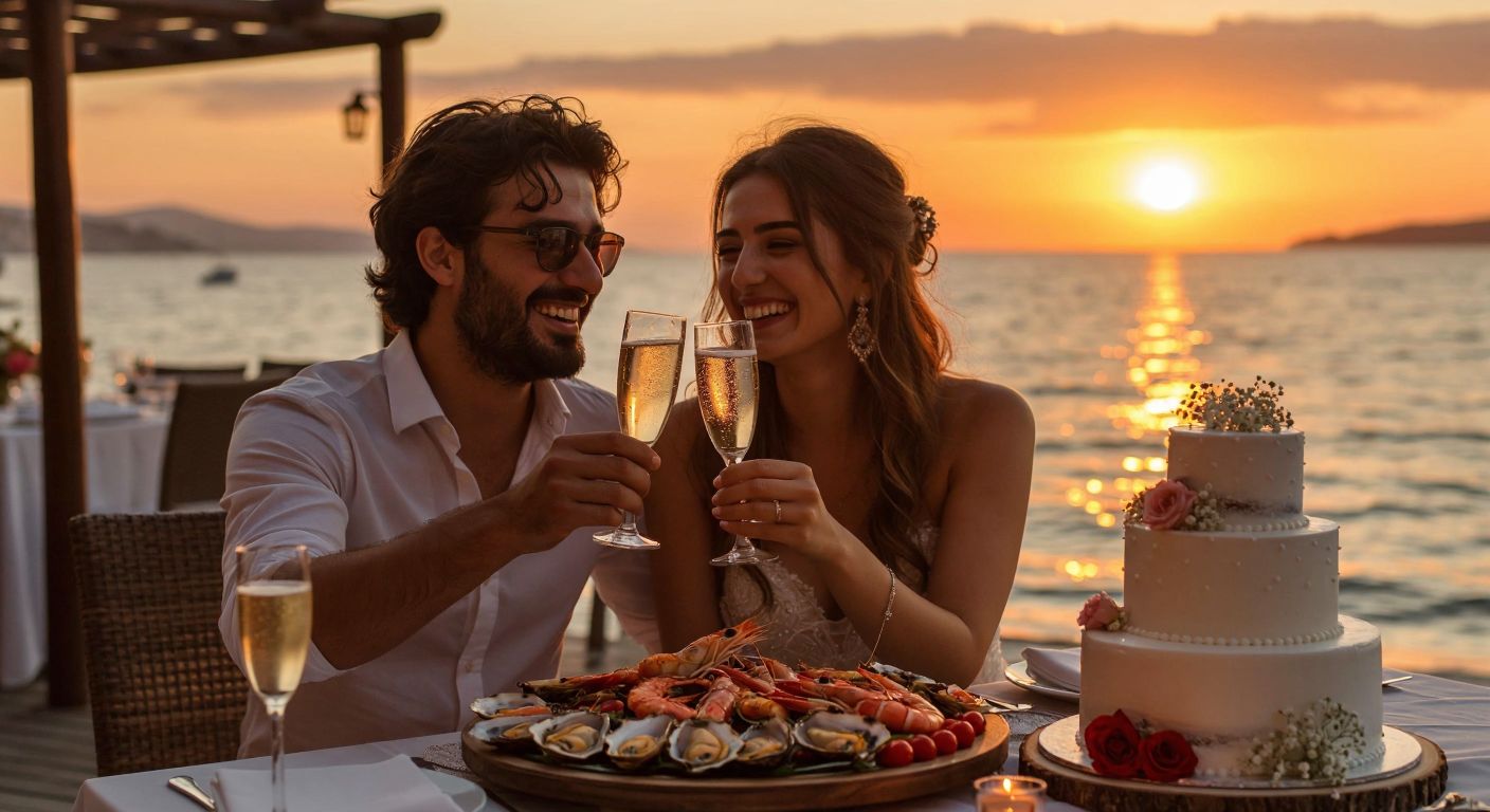 A joyful Turkish couple toasting with champagne glasses at a sunset-lit seaside terrace, surrounded by a seafood platter and a small wedding cake, their faces glowing with celebration and romance.