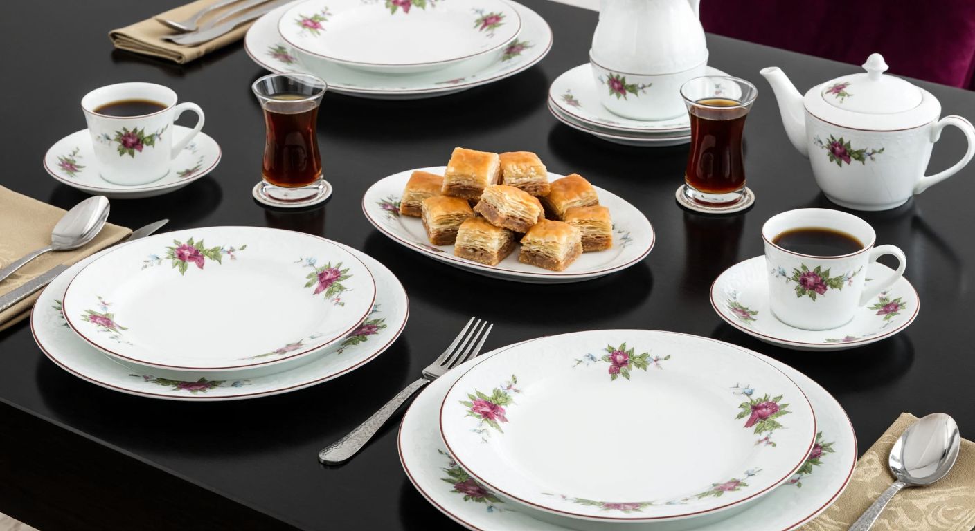 A beautifully arranged Turkish dining table set with Güral Porselen's Bahar Dalı porcelain dinnerware, featuring delicate floral patterns, alongside steaming cups of Turkish coffee and a plate of baklava.