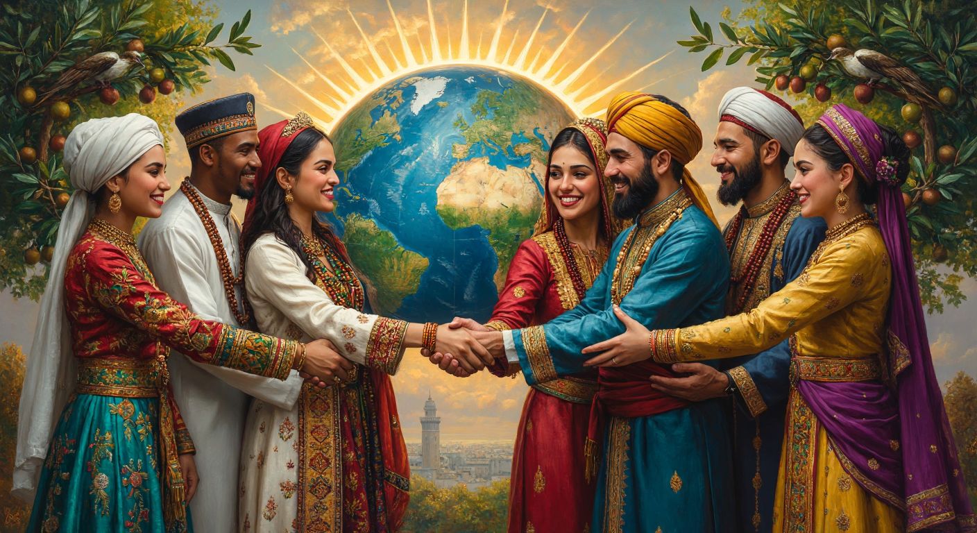 A diverse group of people in traditional attire from different cultures shaking hands warmly in front of a globe, surrounded by symbols of peace, prosperity, and unity like olive branches and a rising sun.  

(Note: The description avoids text, symbols, and technology while emphasizing cultural diversity and cooperation.)
