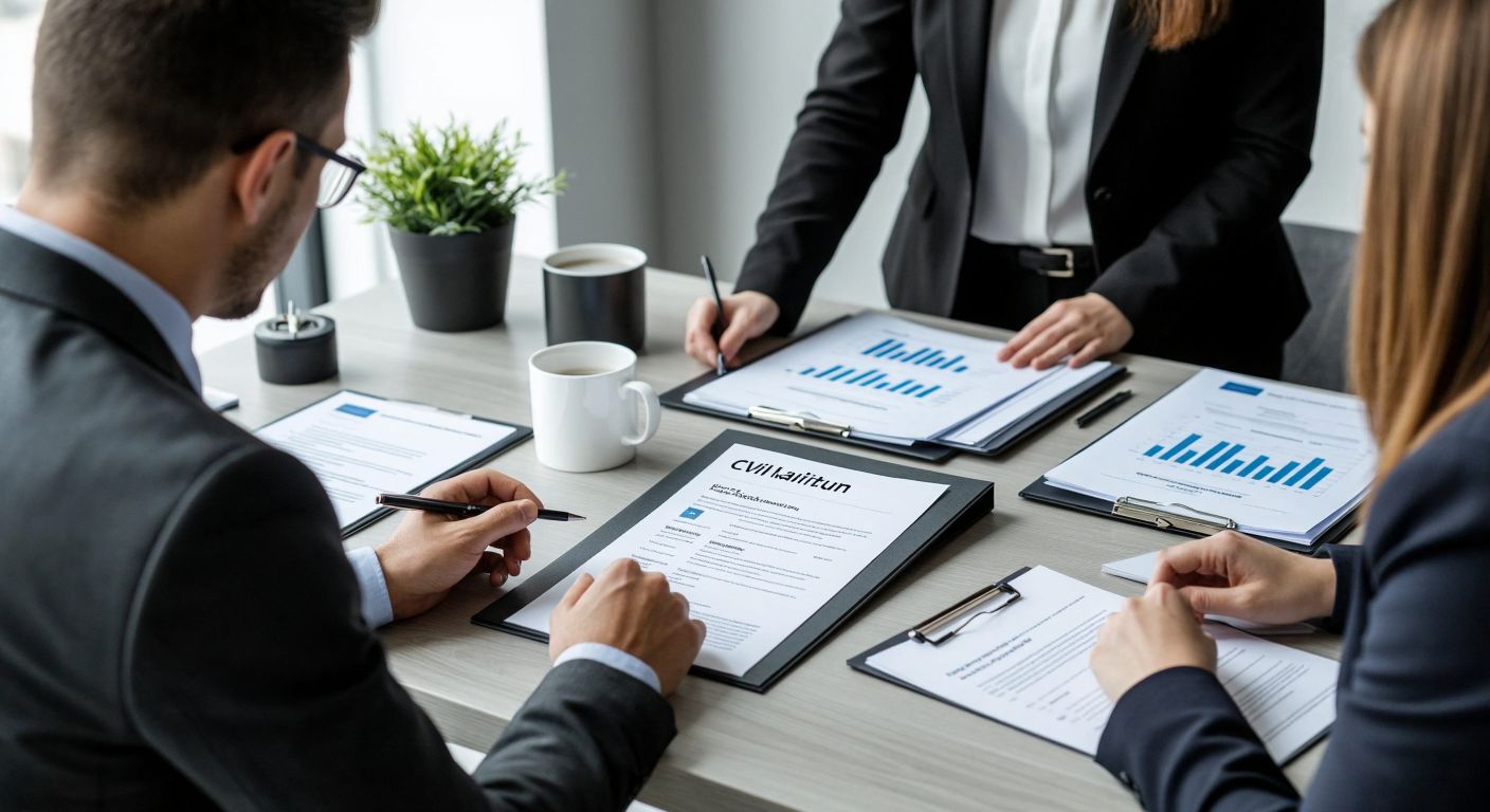 A neatly organized desk with a printed CV on one side and a group of professionals in business attire discussing documents on the other, symbolizing the distinction between a personal resume and a corporate HR department.
