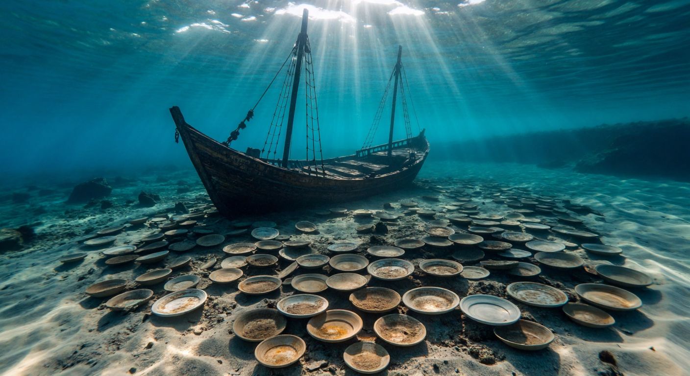 A sunken ancient ship resting on the turquoise seabed near Ayvalık, surrounded by thousands of intact ceramic plates scattered across the sandy ocean floor, with beams of sunlight piercing the water to illuminate the well-preserved artifacts.