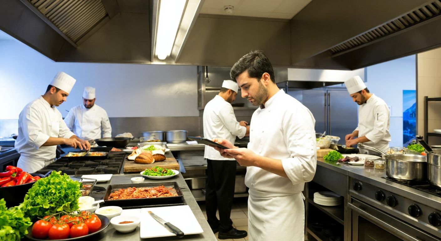 A bustling Turkish restaurant kitchen with chefs in white uniforms preparing dishes, while a manager in a crisp shirt reviews orders on a tablet, surrounded by fresh ingredients and the aroma of spices.
