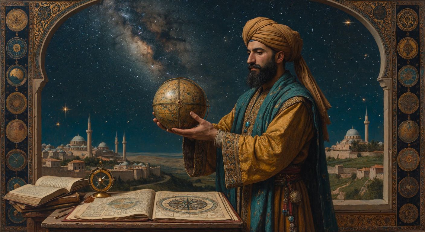 A medieval Turkish scholar in a turban and robe stands beneath a starry night sky, holding an ornate celestial globe while surrounded by ancient manuscripts and an astrolabe.