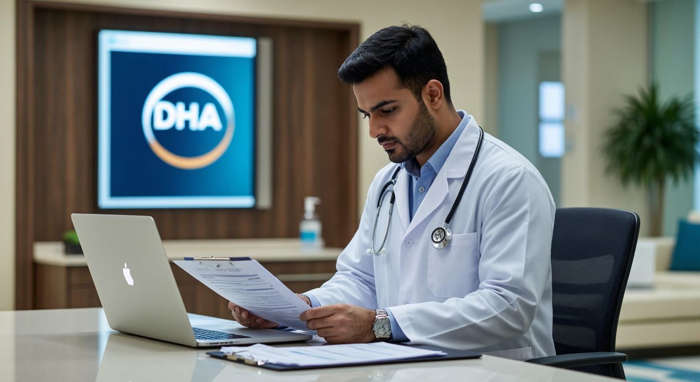A focused professional in a crisp white coat reviews documents at a sleek desk in a modern Dubai hospital, with a laptop displaying the DHA logo in the background.
