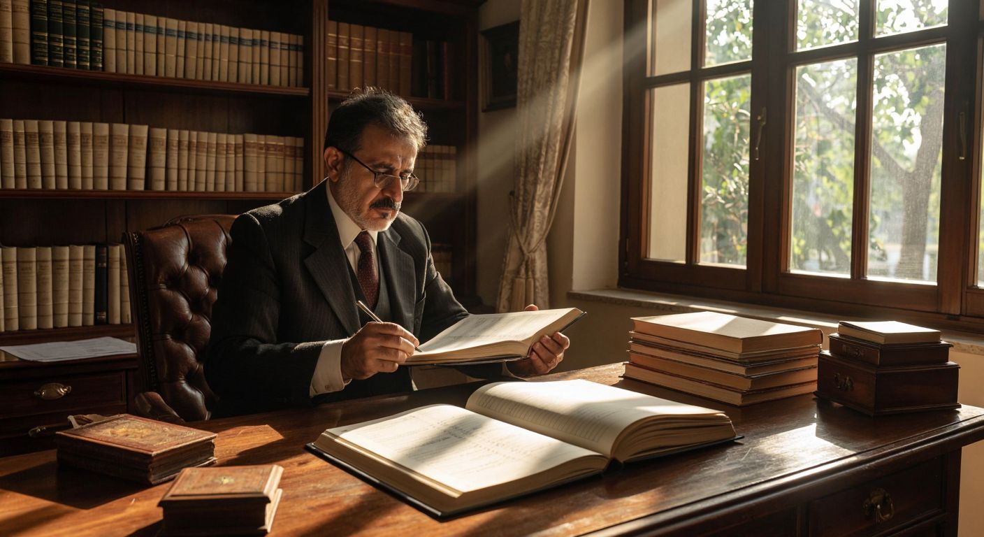 A Turkish accountant in a traditional office setting compares two open ledger books—one with entries in chronological order (yevmiye defteri) and the other organized by account categories (defteri kebir)—while sunlight streams through a window onto a wooden desk.