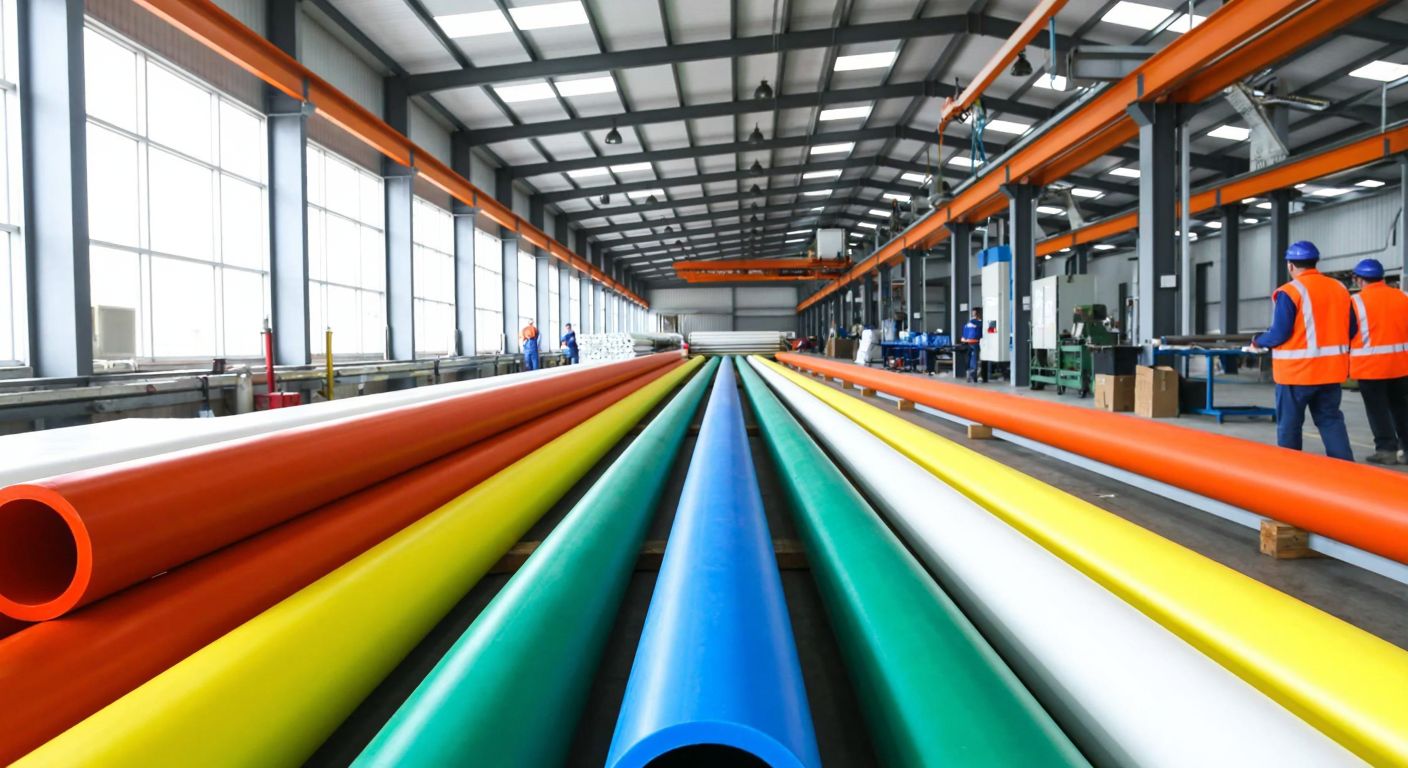 A modern Turkish factory with rows of colorful plastic pipes being manufactured, workers in safety gear inspecting the production line, and stacks of finished pipes ready for shipment, conveying efficiency and industrial growth.